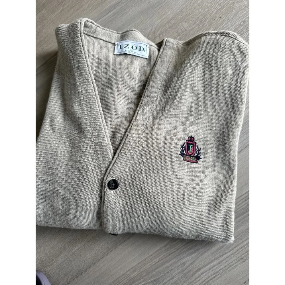 Vintage Izod Cardigan Men Sz XL Beige Button Up Long Sleeve Made In USA Sweater